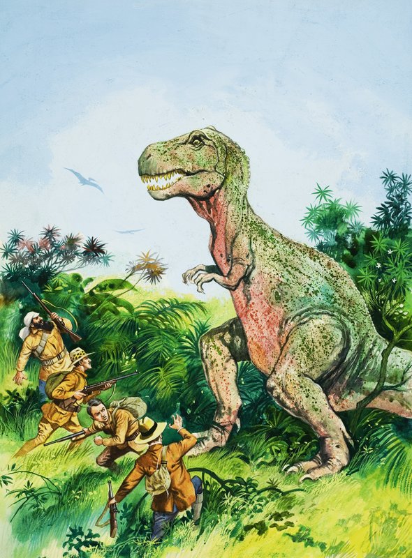 Tyrannosaurus Rex erkeklerle yüzleşiyor by English School