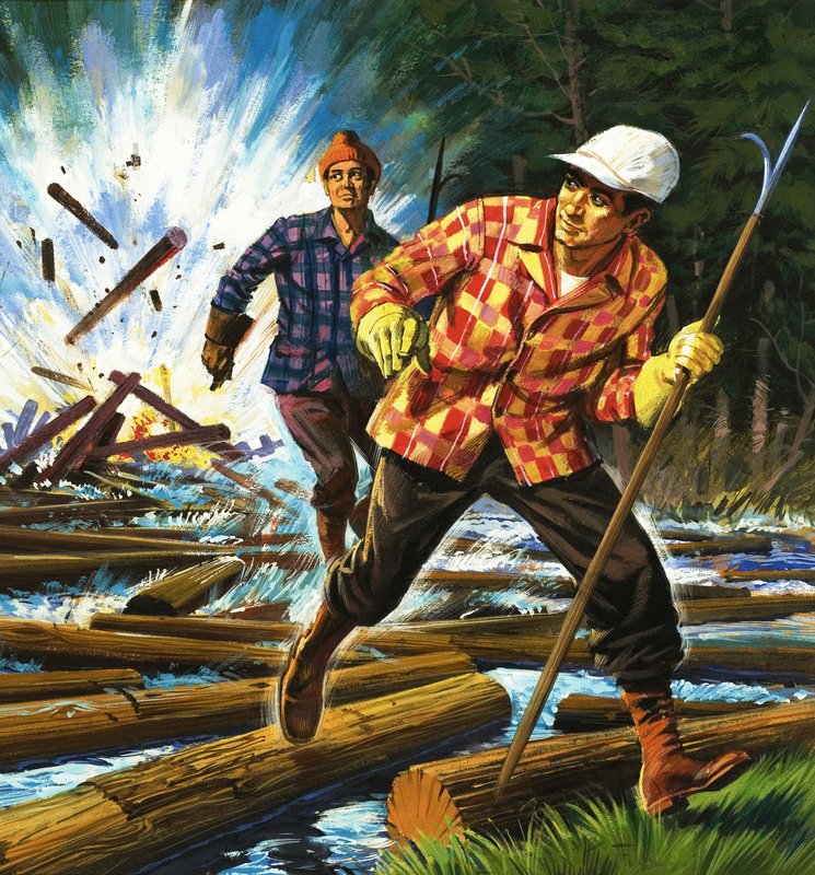 Unidentified lumberjacks escaping explosion amongst logs by English School