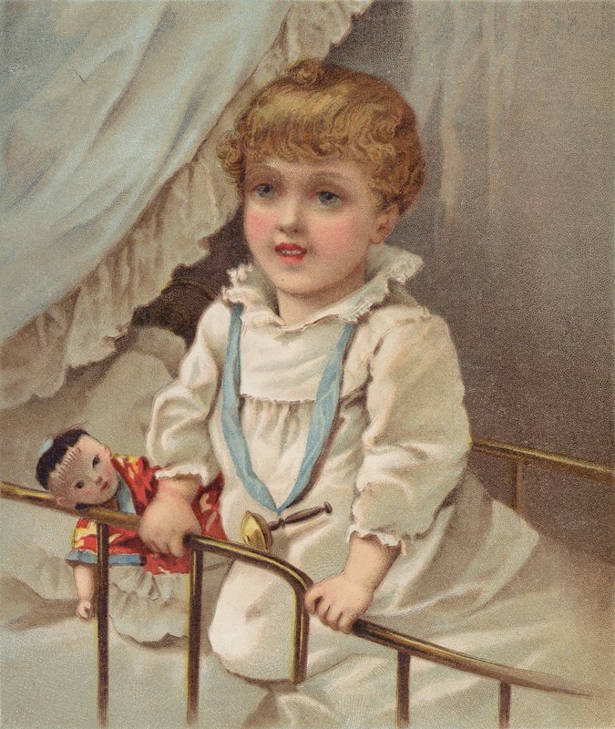 Bebek karyolası içindeki küçük çocuk (chromolitho) by English School