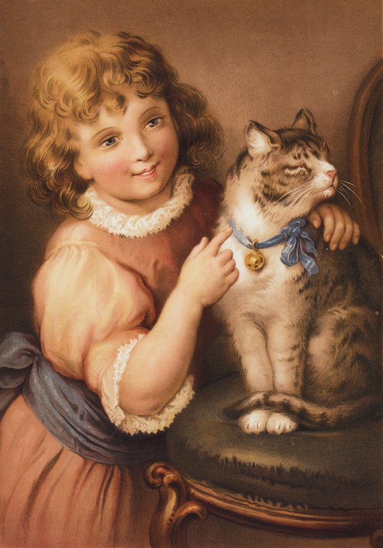 Bir kedi ile genç kız (chromolitho) by English School
