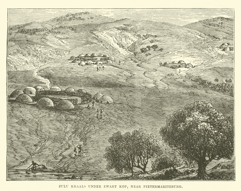 Pietermaritzburg yakınlarındaki Zwart Kop yönetimindeki Zulu Kraals by English School