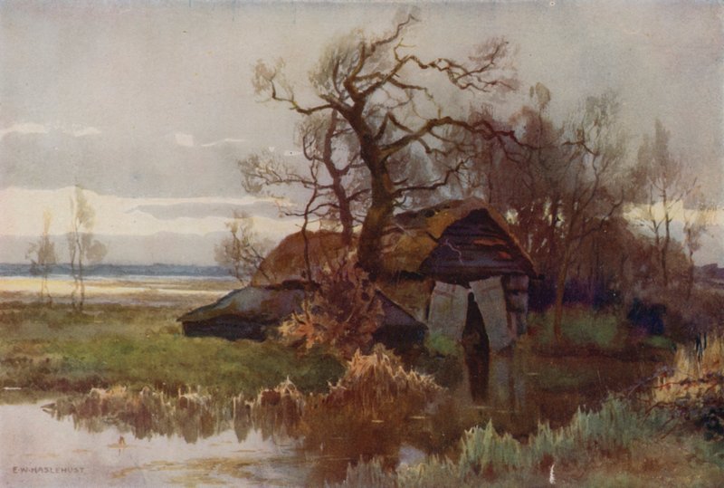 Eski Kayık Evleri, Barton Broad (renkli taş) by Ernest William Haslehust