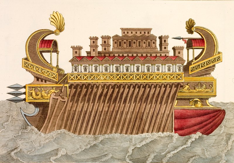 Antik savaş gemisi (renkli gravür) by European School