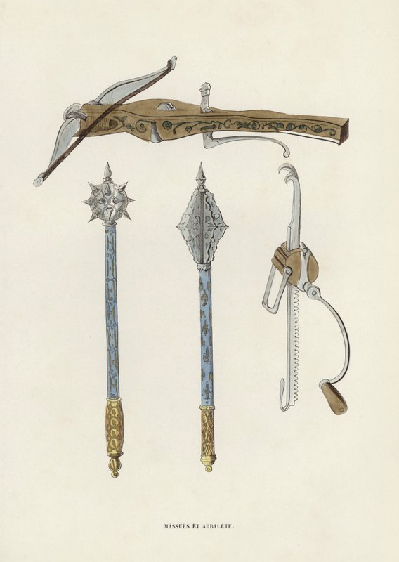 Sopalar ve Arbalet (renkli gravür) by European School
