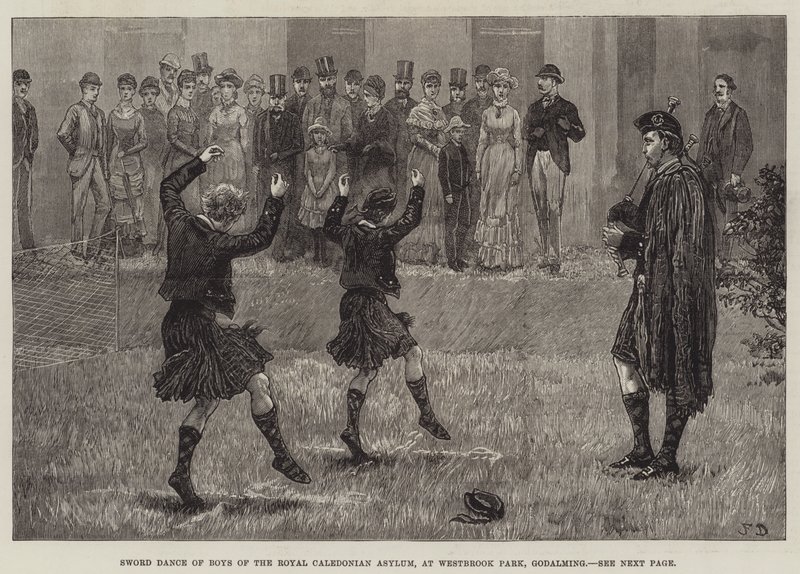 Royal Caledonian Asylum Erkeklerinin Kılıç Dansı, Westbrook Park, Godalming'de by Frank Dadd