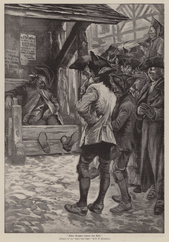 "Akşam yemeğinden sonra fatura gelir" (gravür) by Frederick William Burton