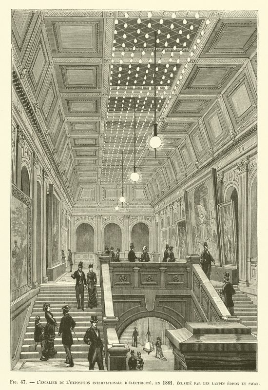 Edison ve Kuğu Lambaları Tarafından Aydınlatılan 1881 Uluslararası Elektrik Sergisinin Merdiveni by French School