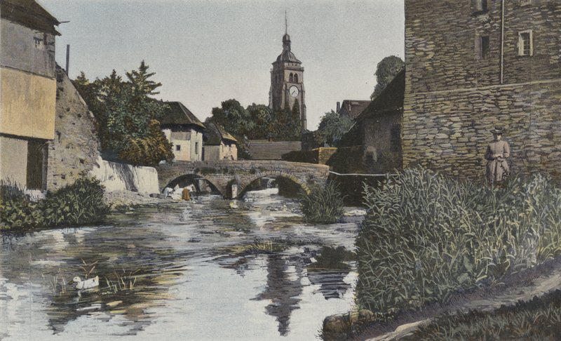 Arbois, Kilise ve Cuisance üzerindeki köprü by French Photographer