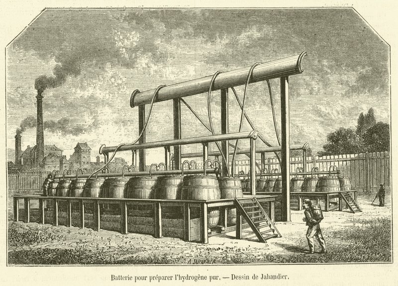Saf hidrojen hazırlamak için pil (gravür) by French School