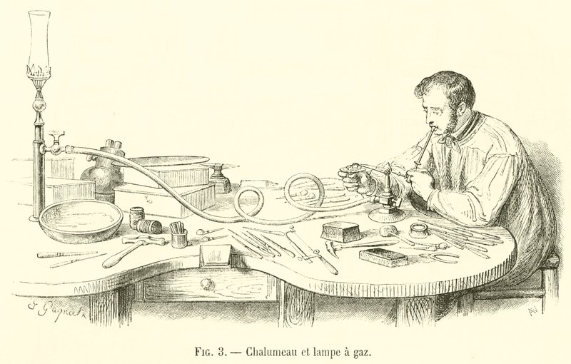 Blowtorch ve gaz lambası (gravür) by French School