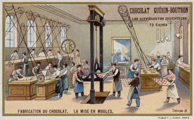 Çikolata imalatı. Çikolatayı kalıplara koymak (chromolitho) by French School