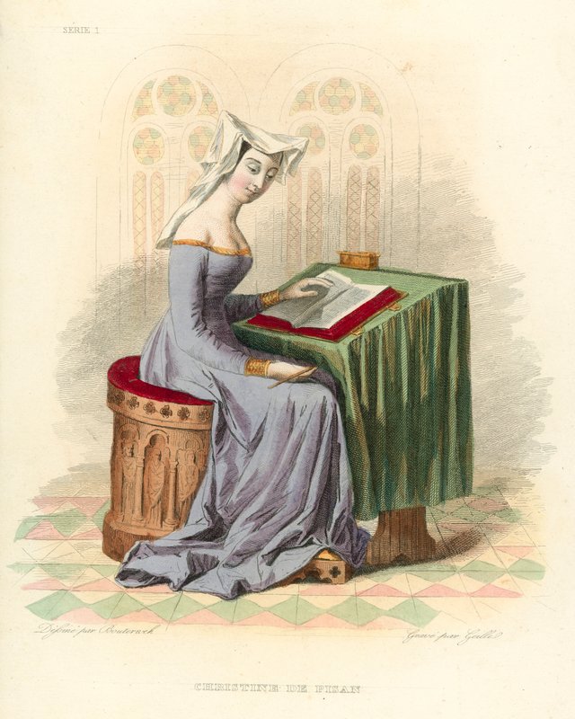 Christine de Pisan (renkli gravür) by French School