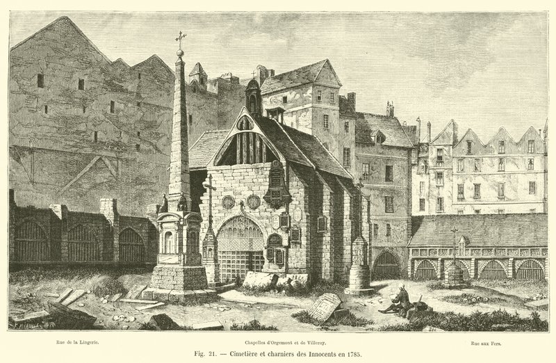 1785 yılında Masumların mezarlığı ve toplu mezarları by French School