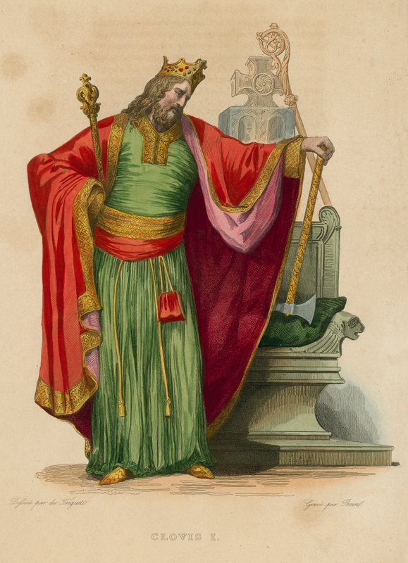 Clovis I (renkli gravür) by French School