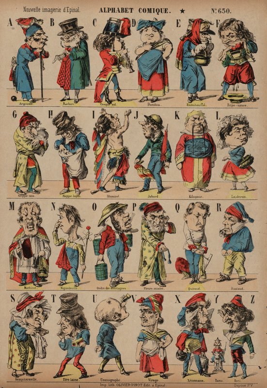 Komik alfabe (renkli gravür) by French School