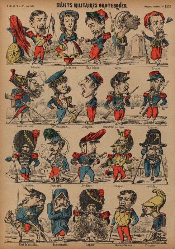 Grotesk askeri karikatürler (renkli gravür) by French School