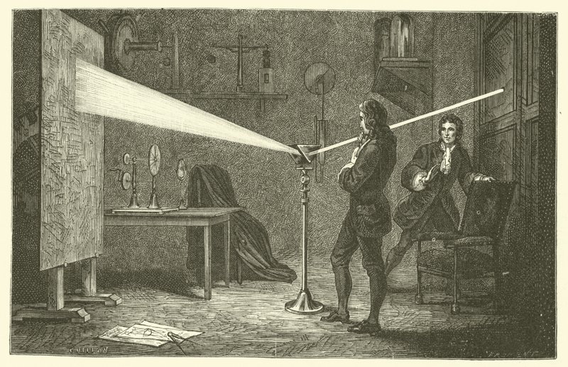 Isaac Newton ışığı parçalar (gravür) by French School
