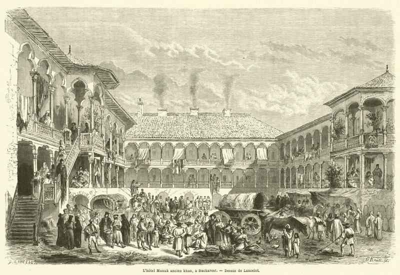 Hotel Manuk ancien khan, bir Bükreş (gravür) by French School