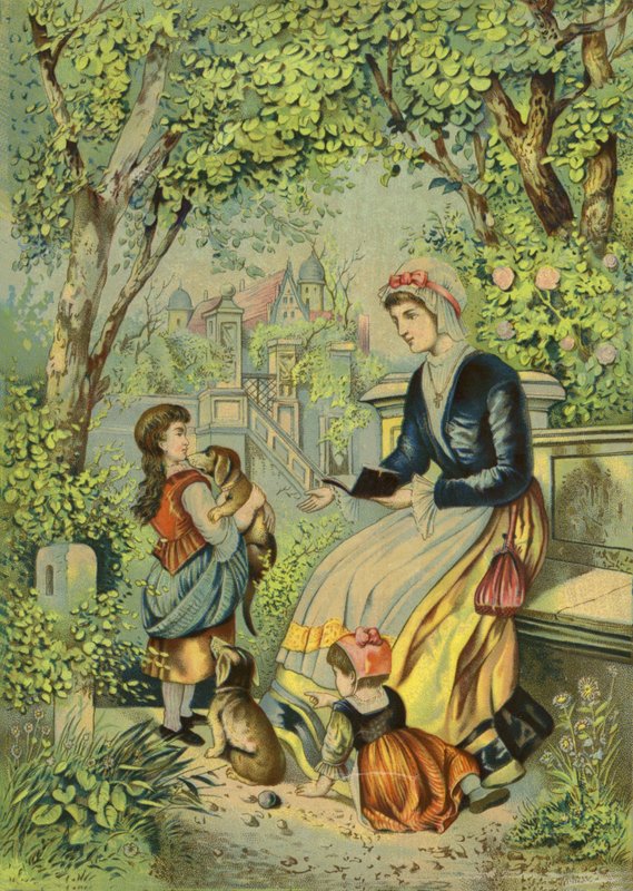 Çocuklar ve köpeklerle oynayan anne by French School