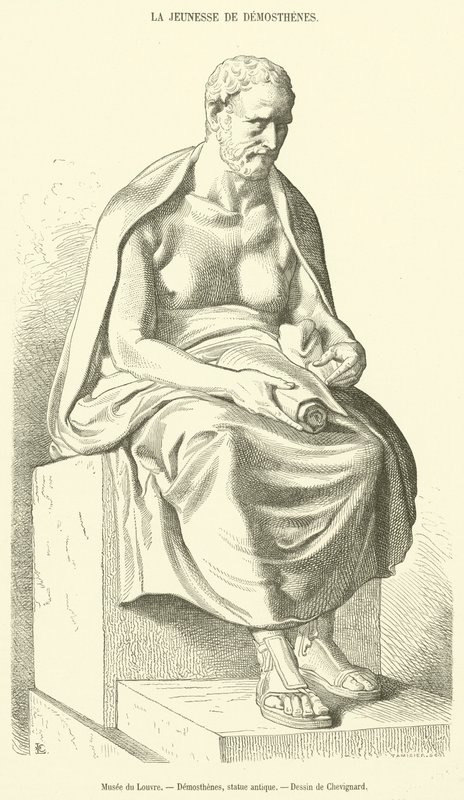 Musee du Louvre, Demosthenes, heykel antika (gravür) by French School