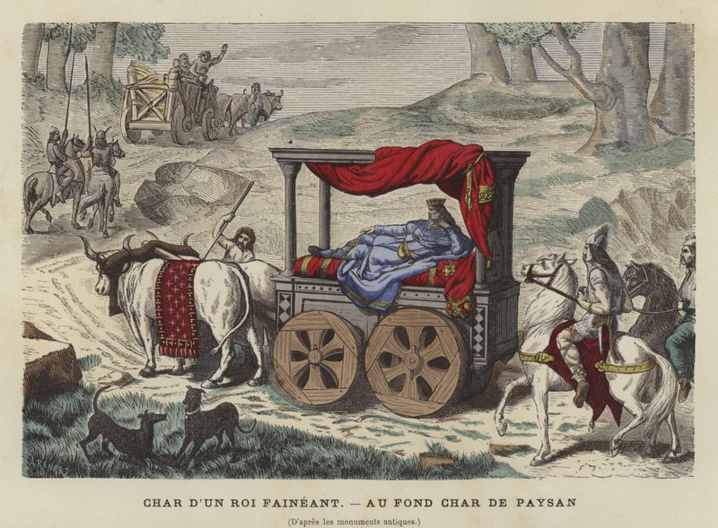 Yatan bir kral taşıyan öküz arabası by French School