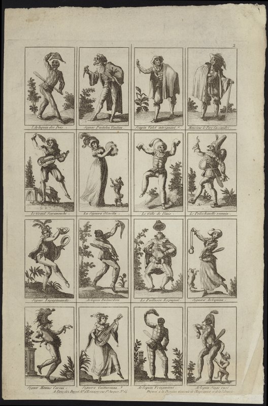 Kostümlü figürleri gösteren on altı panel by French School