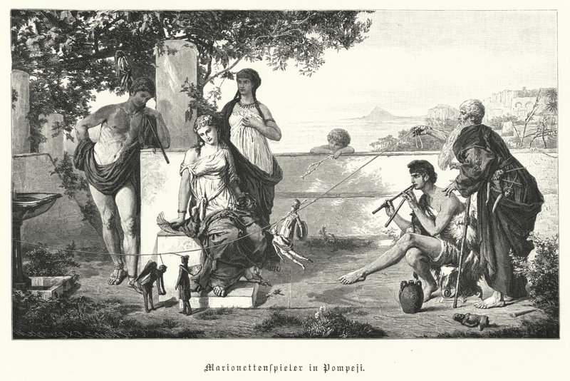 Pompeii'deki Romalı kuklacılar (gravür) by German School