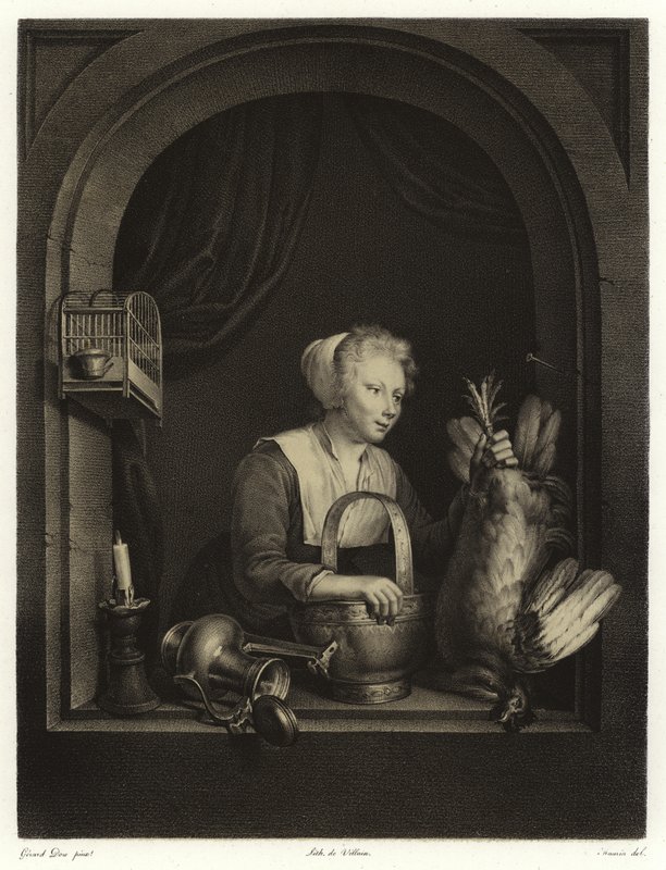 Bir kümes hayvanı asılı bir kadın by Gerrit Dou