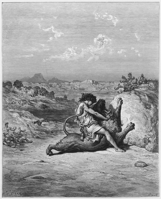 Gustave Dore Bible: Samson slaying a lion  by Gustave Dore