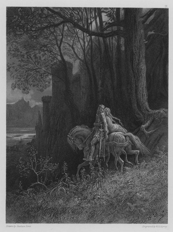 Geraint and Enid ride away  by Gustave after Dore