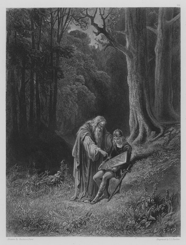Merlin paints the Young Knights Shield  by Gustave after Dore