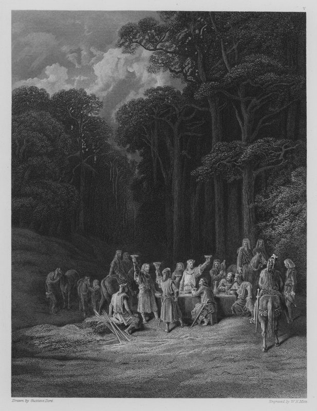 Vivien na Merlin binjira mu ishyamba i by Gustave after Dore