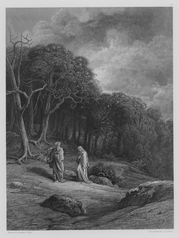 Vivien and Merlin enter the Woods  by Gustave after Dore