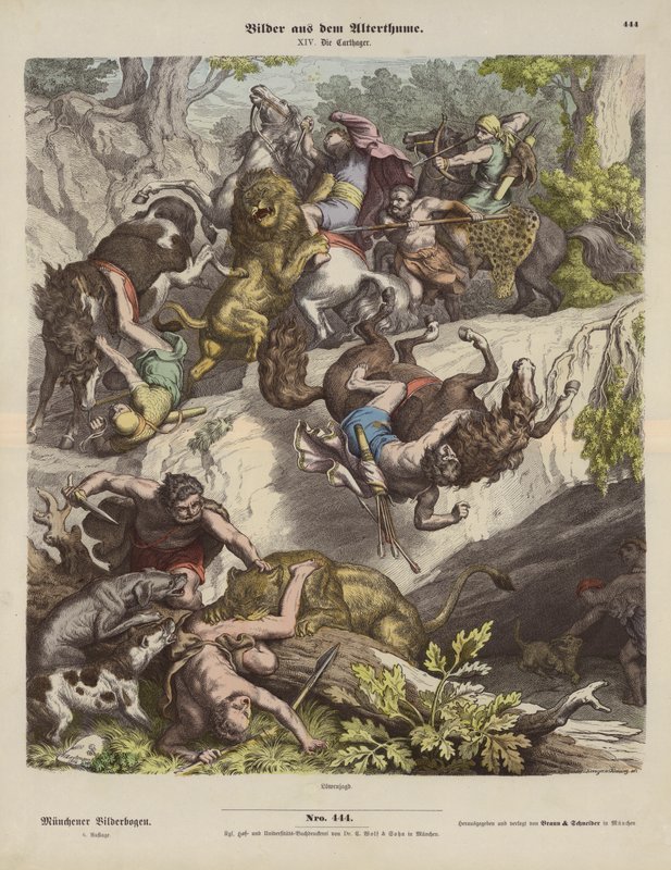 Kartaca aslan avı (renkli gravür) by Heinrich Leutemann