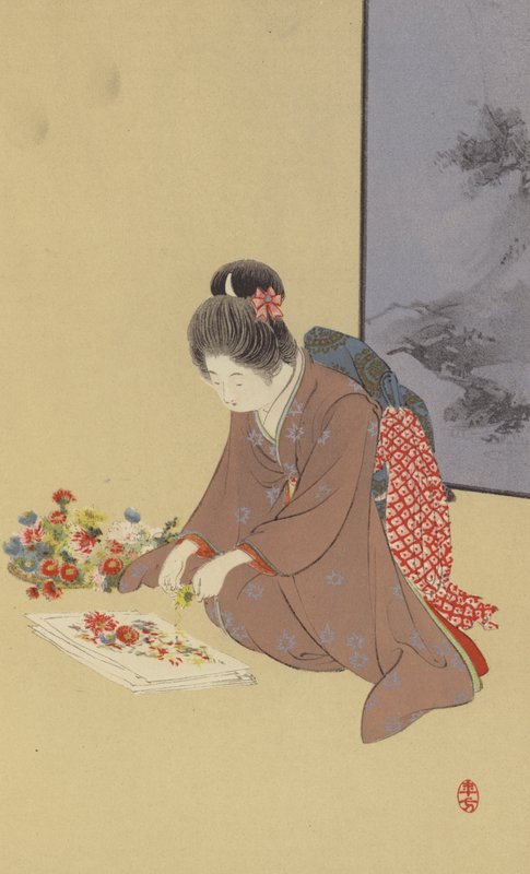 Krizantemlerle oynayan genç bir kız (chromolitho) by Japanese School