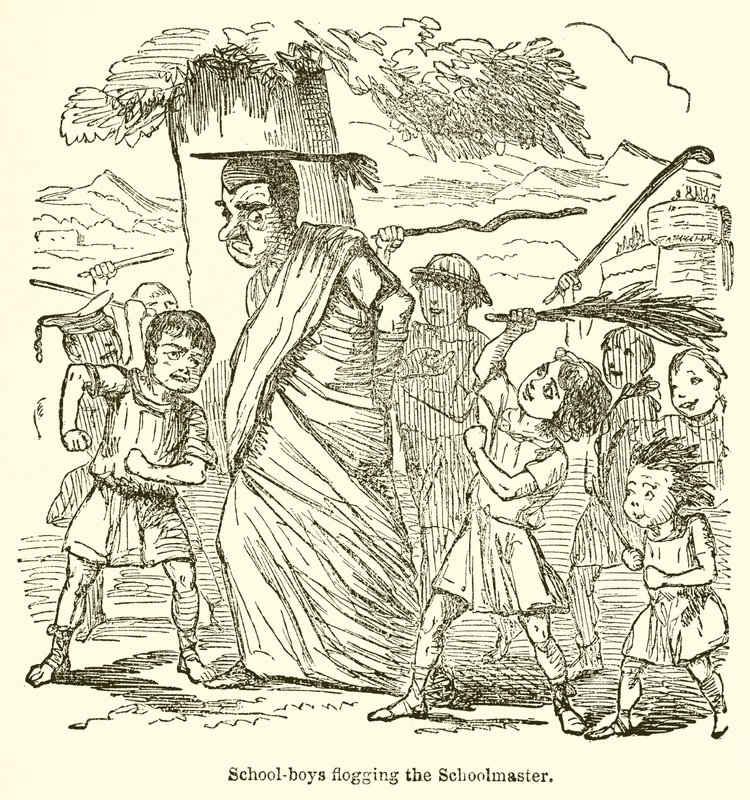 Okul-Erkekler Öğretmeni Kırbaçlıyor by John Leech