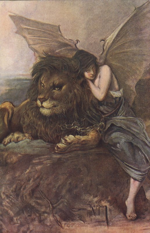 Aslan ve kanatlı kadın (renkli taş) by Joszi Arpad Koppay