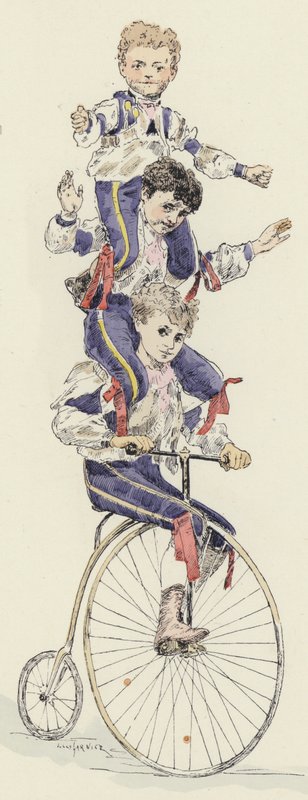 Bisiklete binme eylemi (renkli lito) by Jules Arsene (after) Garnier