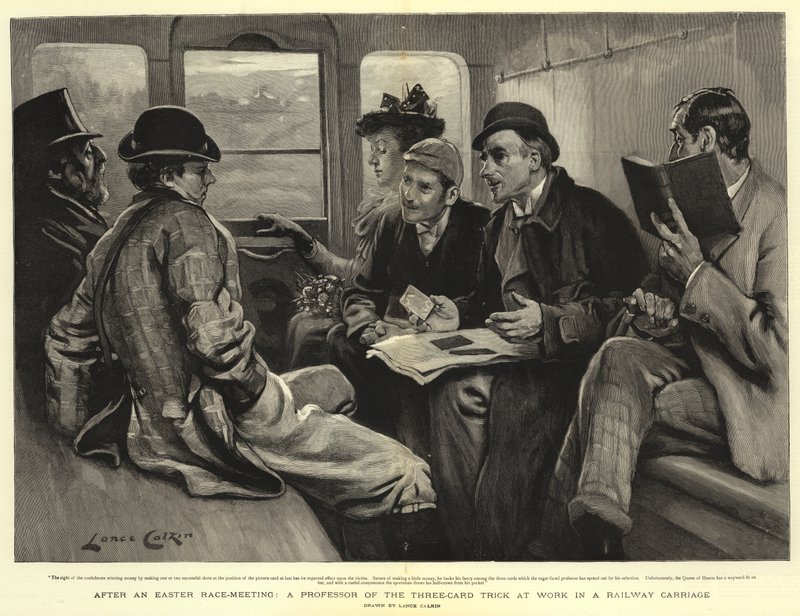 After an Easter Race-meeting, a Professor of the Three-card Trick at Work in a Railway Carriage  by Lance Calkin