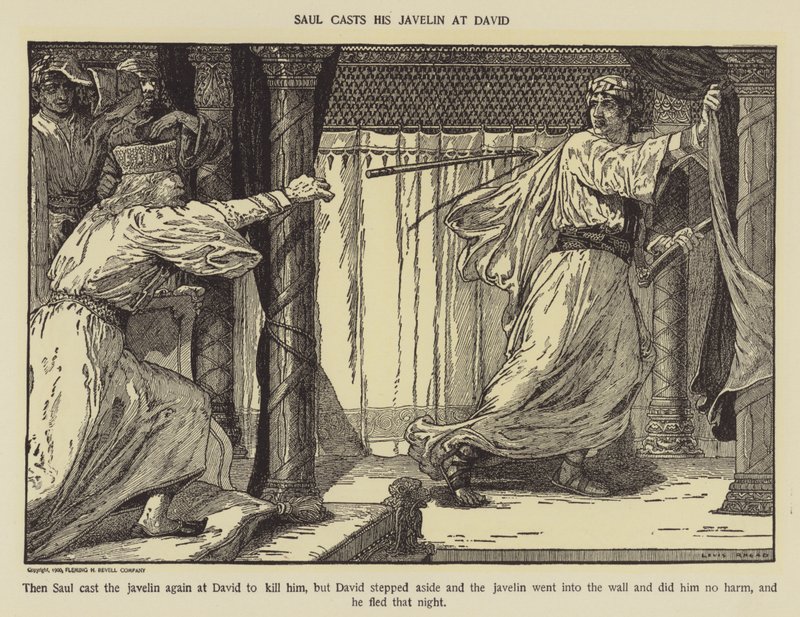 Saul ciritini Davut'a atıyor by Louis John Rhead