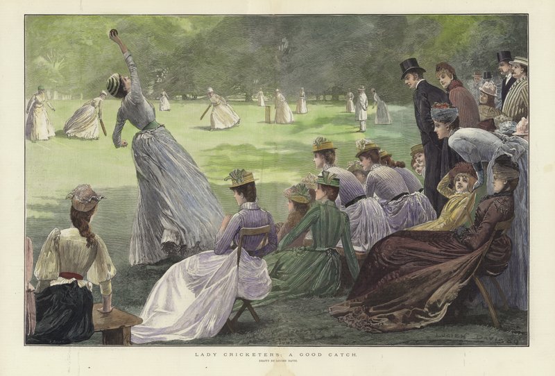 Lady Cricketers: A Good Catch (renkli gravür) by Lucien Davis