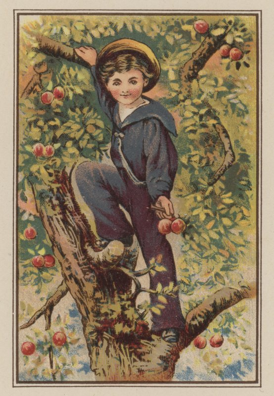 Elma ağacına tırmanan çocuk (chromolitho) by Mary Ellen Edwards