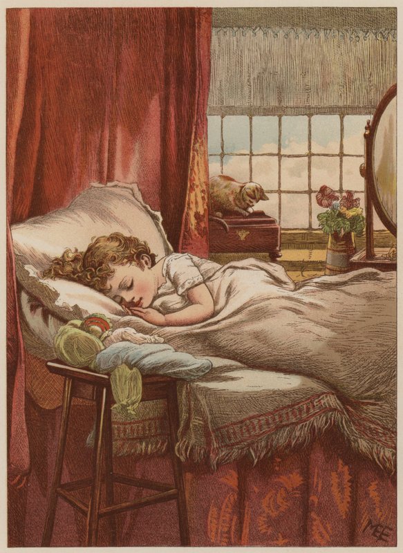 Yatakta uyuyan çocuk (chromolitho) by Mary Ellen Edwards