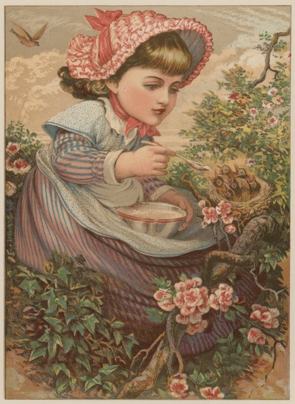Yavru kuşları besleyen kız (chromolitho) by Mary Ellen Edwards