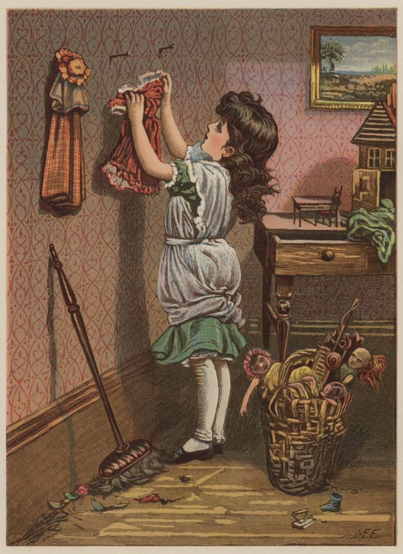 Bebek kıyafetlerini asan kız (chromolitho) by Mary Ellen Edwards