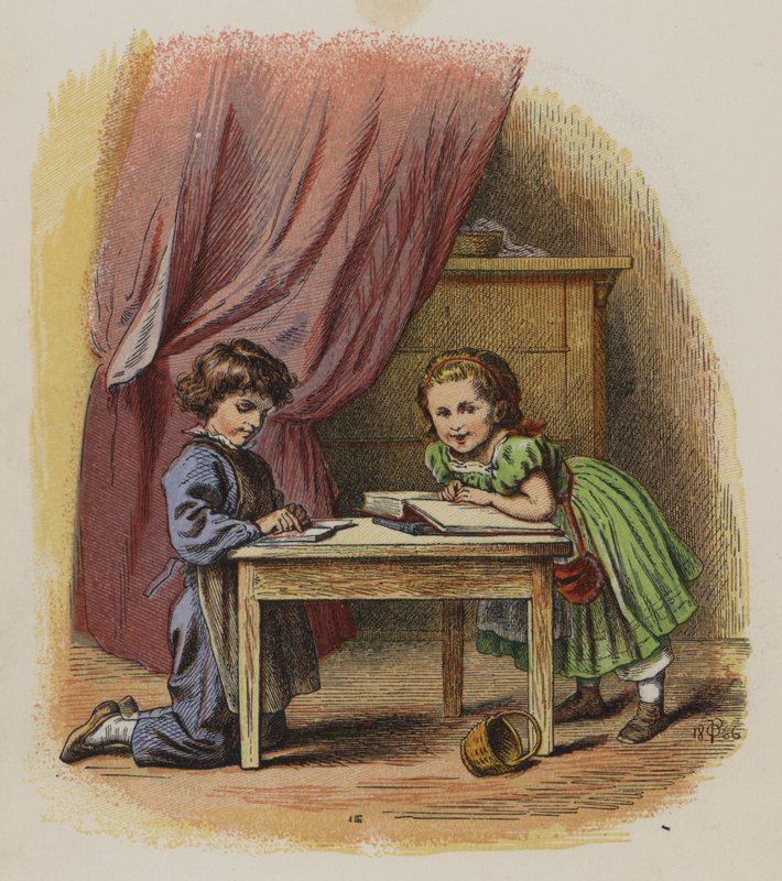 Kitap okuyan iki çocuk (renkli taş) by Oskar Pletsch