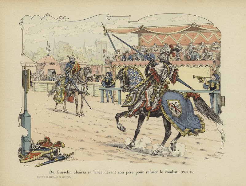 Bertrand du Guesclin lowers his lance before his father to signify his refusal to fight him, Rennes, 1337  by Paul de Semant