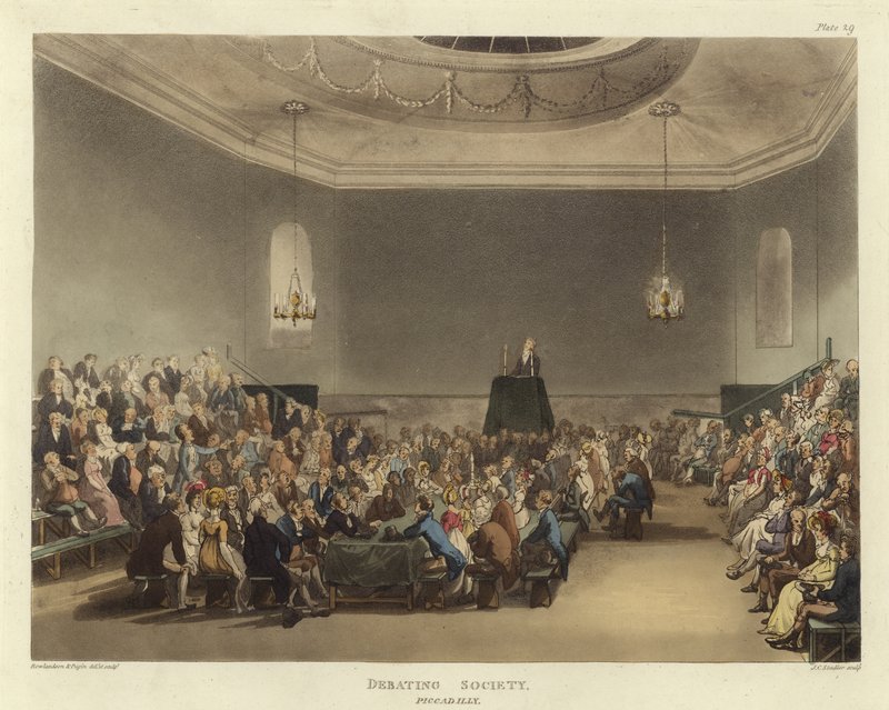 Tartışmalar düzenleyen dernek by Pugin and Rowlandson