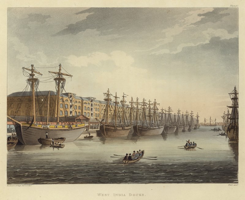 ವೆಸ್ಟ್ ಇಂಡಿಯಾ ಡಾಕ್ಸ್ ಟರ್ಕ್ by Pugin and Rowlandson