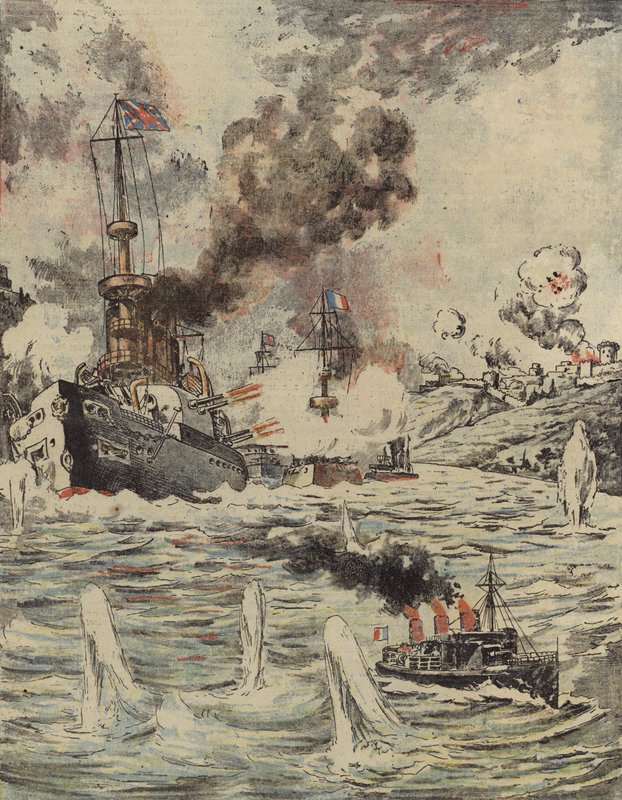 İngiliz ve Fransız savaş gemilerinin Çanakkale'deki Türk mevzilerini bombalaması, 1915 by Romanian School
